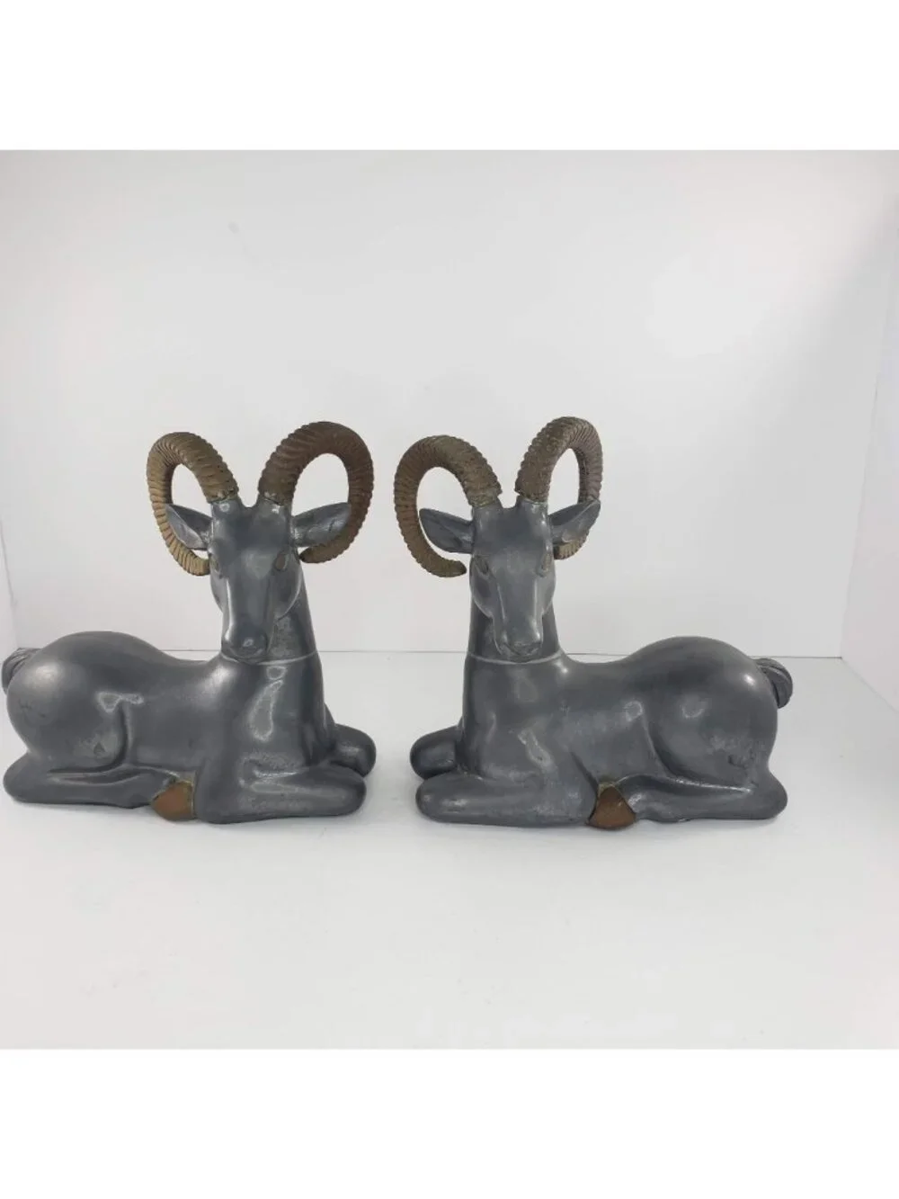 Art Deco Pewter Brass Ram Antelope Ibex Bookend Pair Vintage 1930s